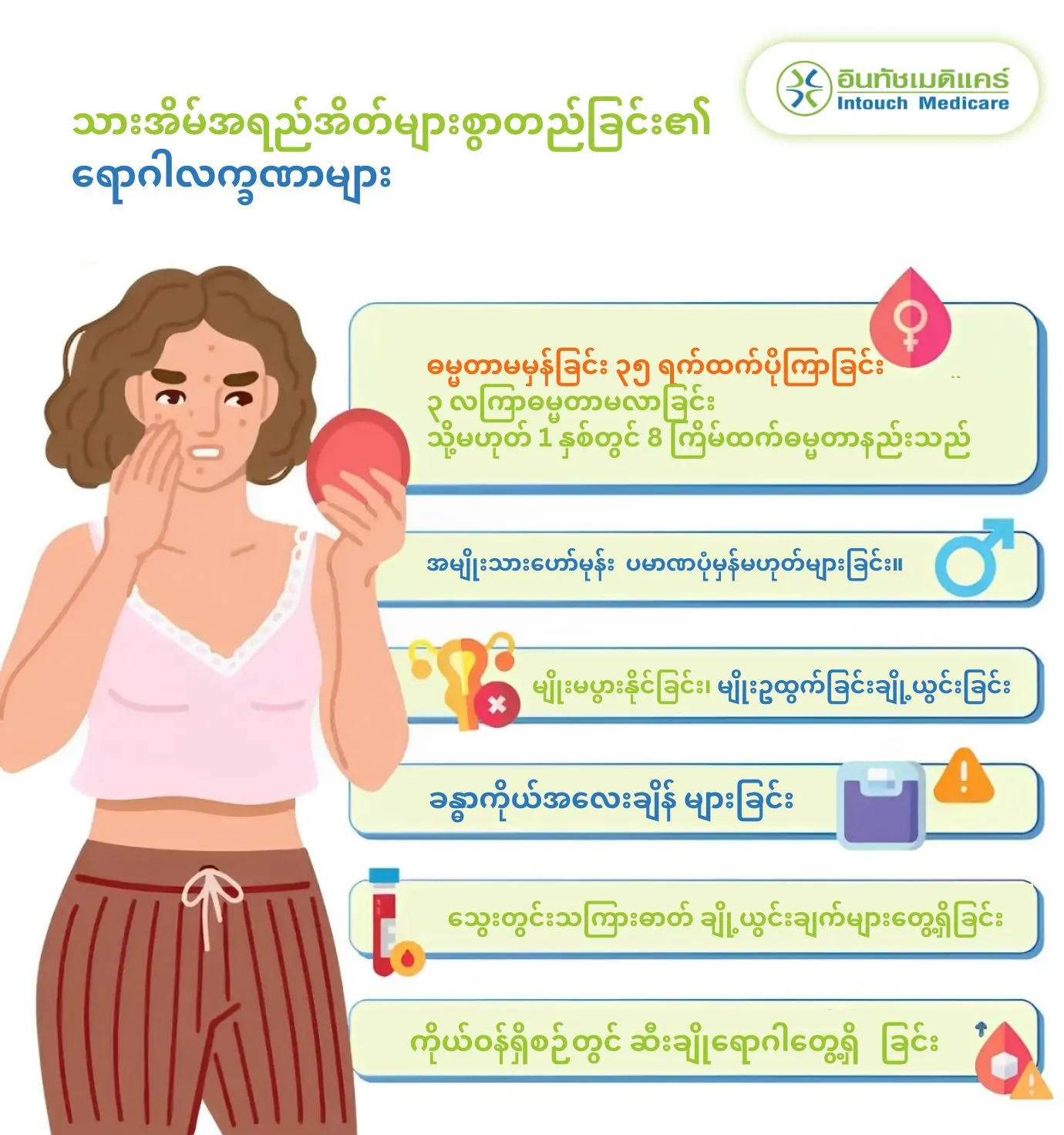 သားအိမ်အရည်အိတ်များစွာတည်ခြင်း၏ ရောဂါလက္ခဏာများ သားအိမ်အရည်အိတ်များစွာတည်ခြင်း၏ ရောဂါလက္ခဏာများ