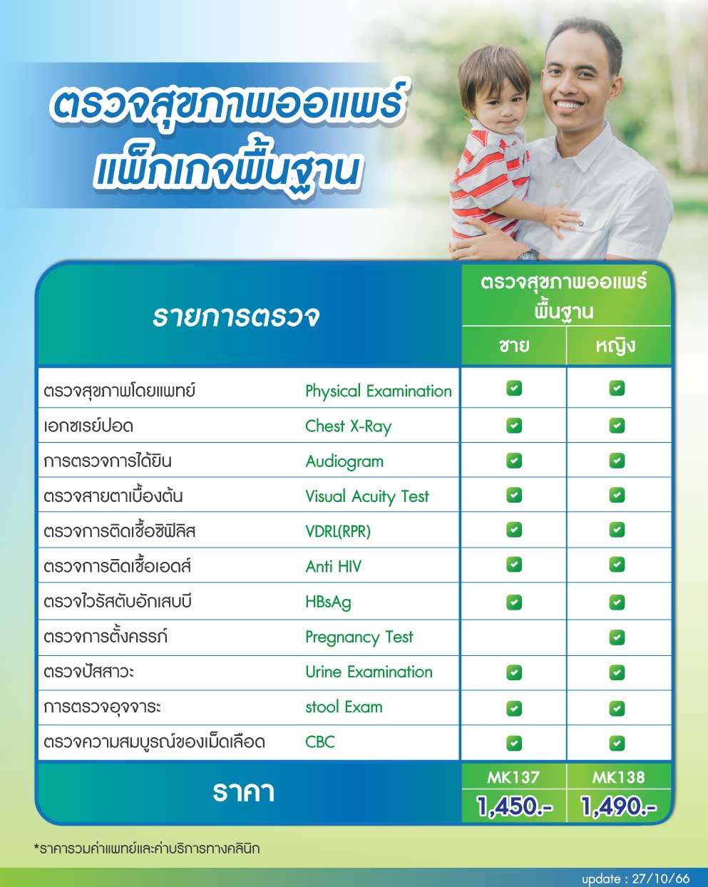 รายการตรวจและราคา ตรวจสุขภาพออแพร์ au pair แพ็กเกจพื้นฐาน